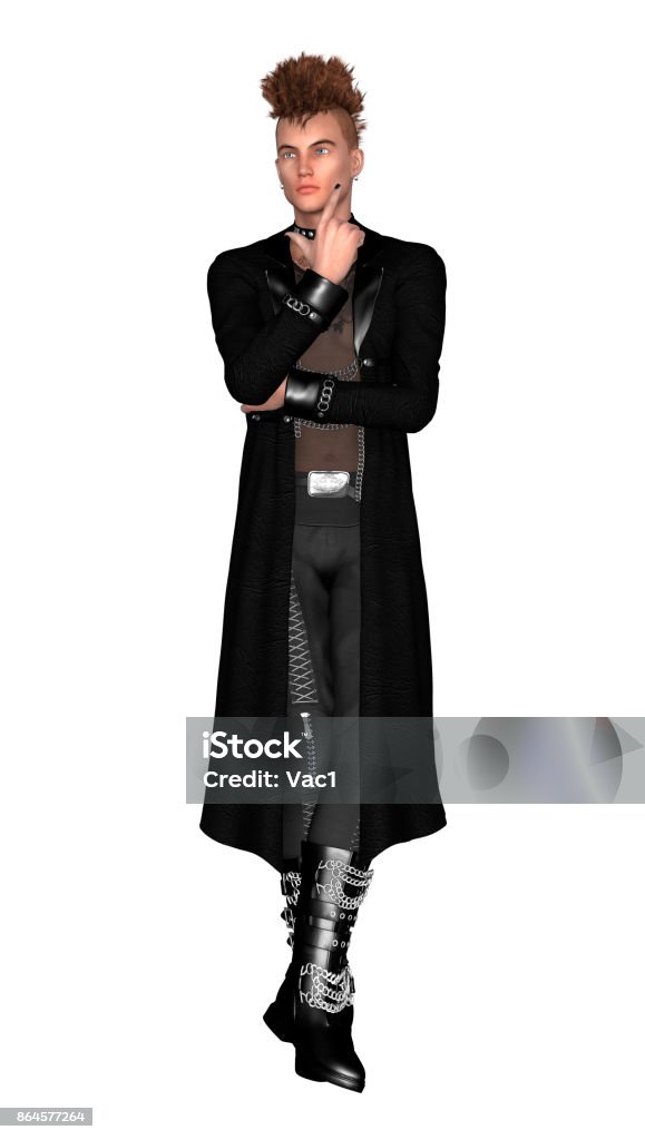 3D rendering gothic male model on white 3D digital render of a young man wearing gothic style clothes isolated on white background Cut Out Stock Photo