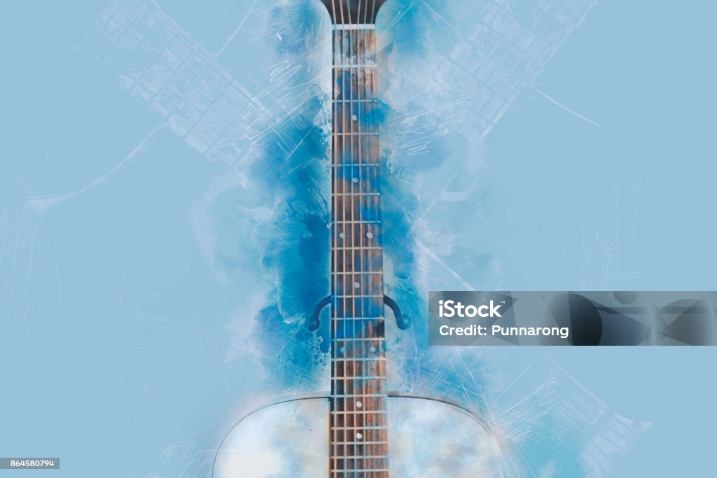 Abstract Guitar in the foreground. Close up, Watercolor painting blue shape. Acoustic Blues Stock Photo