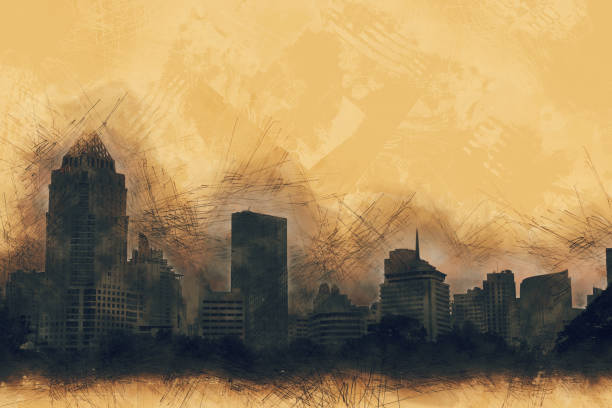istock Abstract Building on watercolor painting background. 864580952