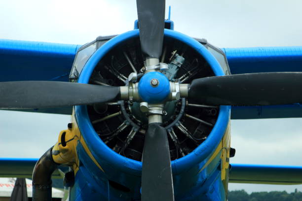 istock vintage biplane, front view motor and propeller 864582058