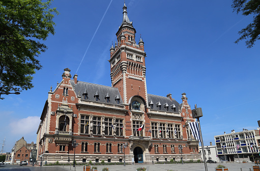 The town hall of Dunkirk and its belfry in France