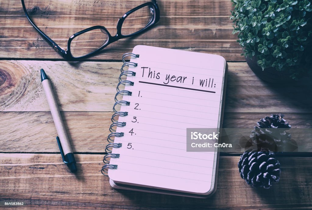 New Year Resolutions List on Notepad on Top of Wood Desk Plan, Checklist, Goal, Letter, List, New Year Resolution Aspirations Stock Photo
