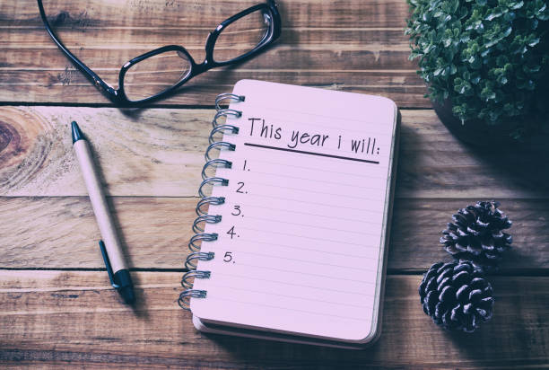 New Year Resolutions List on Notepad on Top of Wood Desk stock photo