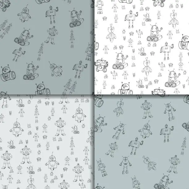 Vector illustration of Robot doodles pattern set