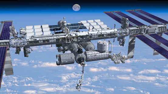 3D Rendering of the zenith side of the International Space Station flying above Earth, showing its detailed modular architecture. Elements of this image furnished by NASA.