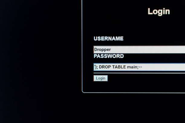 An unsafe website login window with data fields filled for a SQL Injection. The password field is compiled to execute after the INSERT the DROP of the entire table "main" stock photo