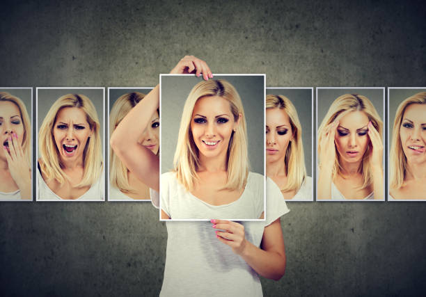 istock Masked blonde woman expressing different emotions 864589016