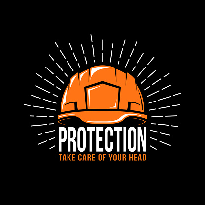 working helmet, sunburst and the word protection on a black background. Vector illustration.