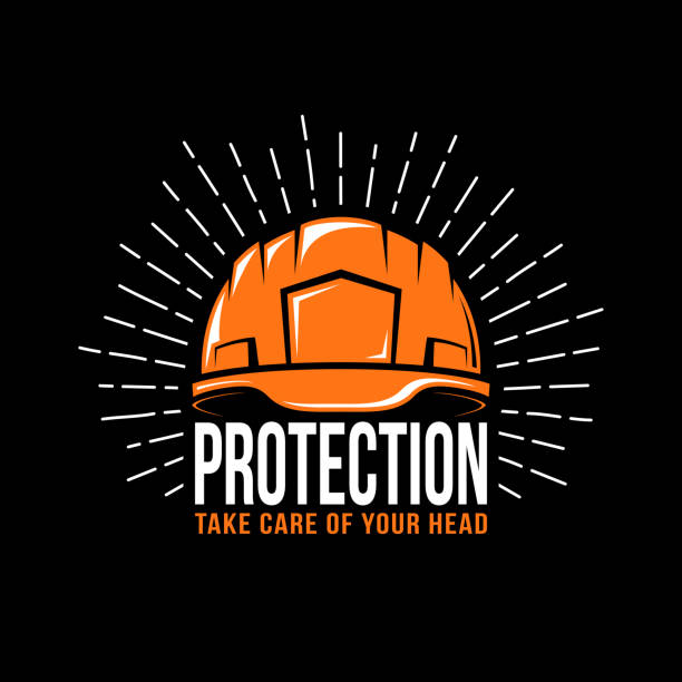 working helmet working helmet, sunburst and the word protection on a black background. Vector illustration. hardhat stock illustrations