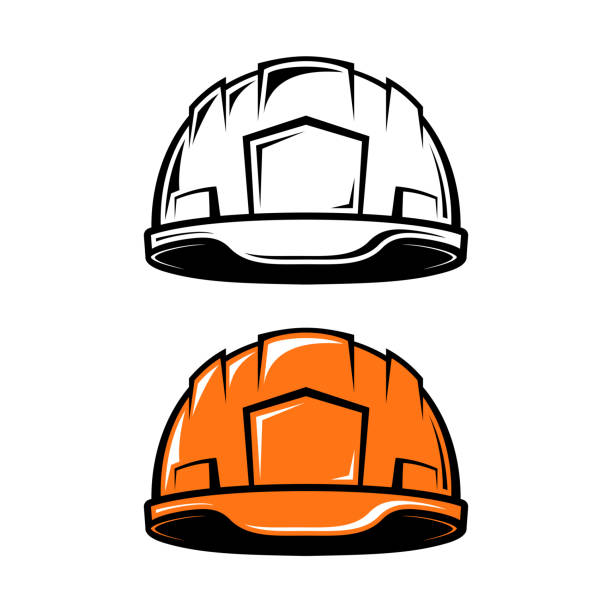 industrial helmet Construction, industrial helmet in cartoon style on white background. Black and white and color versions. Vector illustration. hard hat stock illustrations