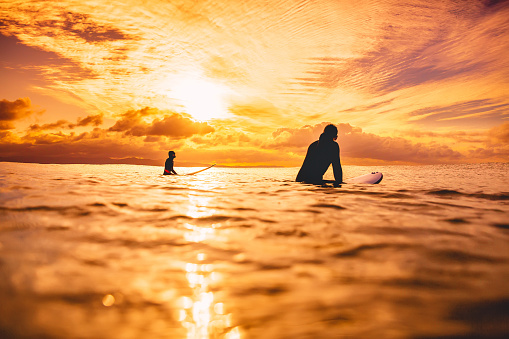 Surfers in ocean at sunset or sunrise. Couple of surfer and ocean