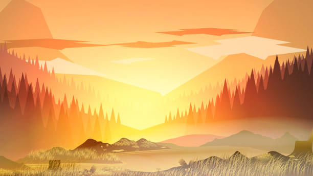 Abstract Mountain Lake  and Forest in the Morning - Vector Illustration vector art illustration