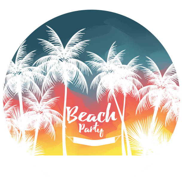 Tropical Summer Beach Party Poster with Palm Tree and Hammock - Vector Illustration vector art illustration