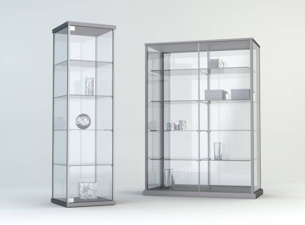 Showcase in room 3D room with showcases display cabinet stock pictures, royalty-free photos & images