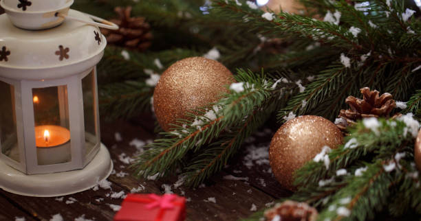 istock beautiful Christmas decorations and Christmas candle lantern 864637632