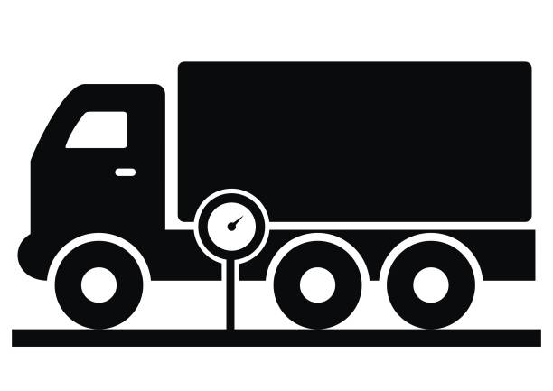 vehicle weighing Vehicle weighing, truck and weight, black silhouette, vector icon. truck weigh station stock illustrations