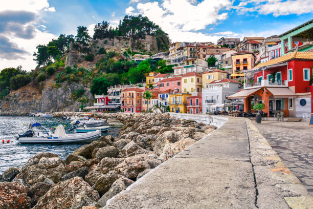 Parga town Parga, town in Greece, view on the colorful houses from the main street. parga greece stock pictures, royalty-free photos & images
