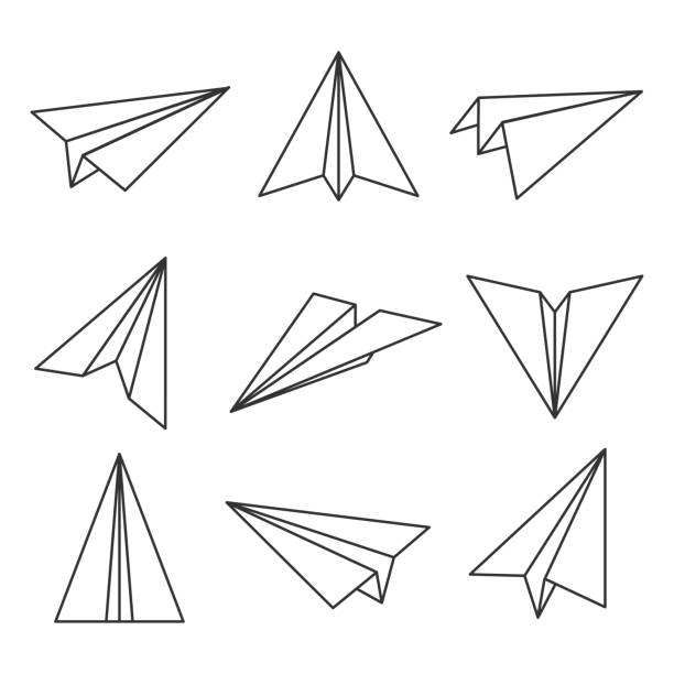 ilustraciones, imágenes clip art, dibujos animados e iconos de stock de esquema del plano de papel - simplicity paper airplane airplane journey