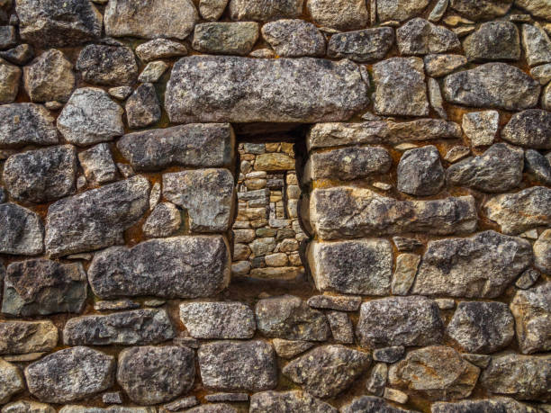 istock Lined up stone windows of Machu Picchu Incan site, medium shot 864645116