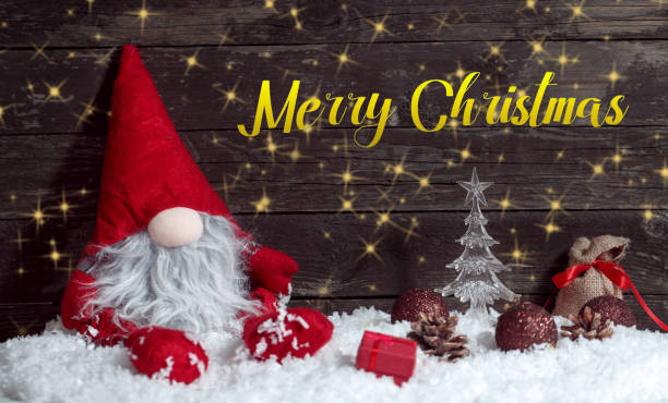 istock Composition with Christmas decorated and Xmas dwarf on rustic wooden background 864645796