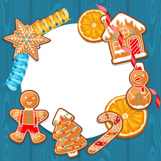 Merry Christmas frame with various gingerbreads orange and streamers Merry Christmas frame with various gingerbreads orange and streamers. gingerbread man cookie cutter stock illustrations