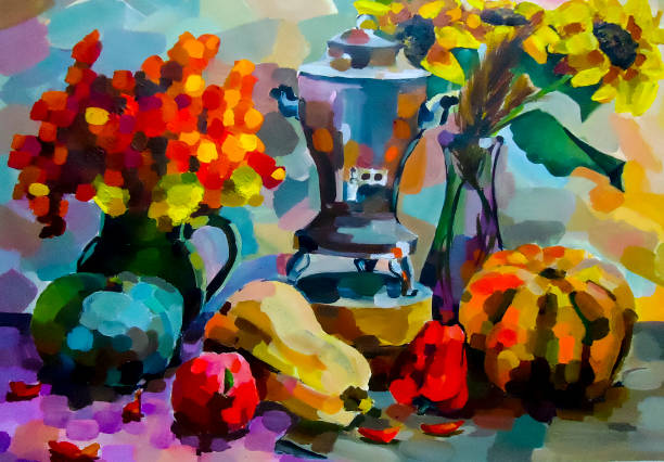 istock Still life. A painting depicting a still life, a vase, dishes, a 864672736