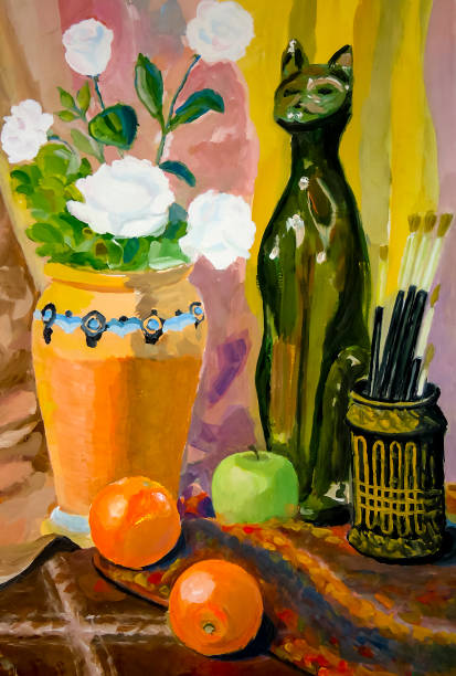 istock Still life. A painting depicting a still life, a vase, dishes, a 864672918