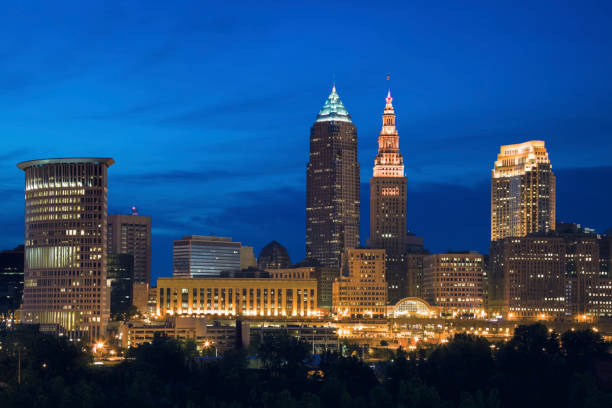 istock Cleveland skyline at evening 864674342