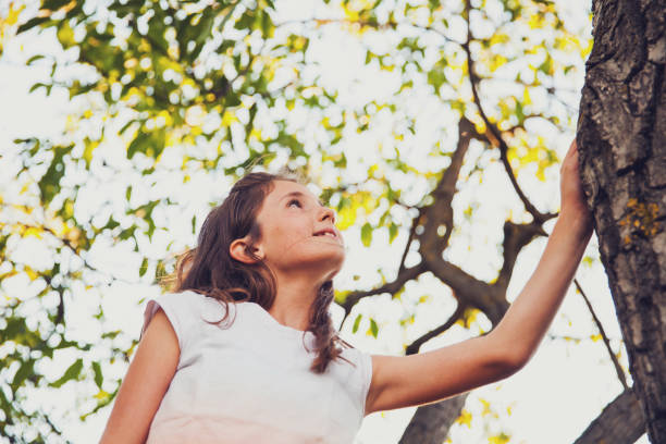 istock Cute Young Girl Sitting On a Tree Trunk 864678706