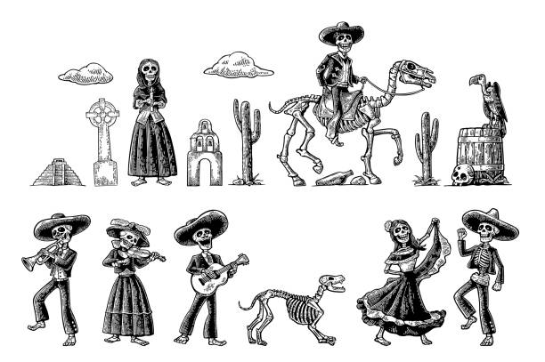 The skeleton in Mexican national costumes dance, praying, galloping on horse, play the guitar, violin, trumpet. Vintage vector black engraving illustration isolated white fond for Dia de los Muertos