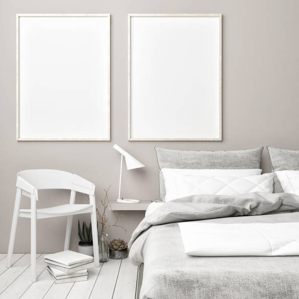 istock Scandinavian bedroom with mock up posters 864704750