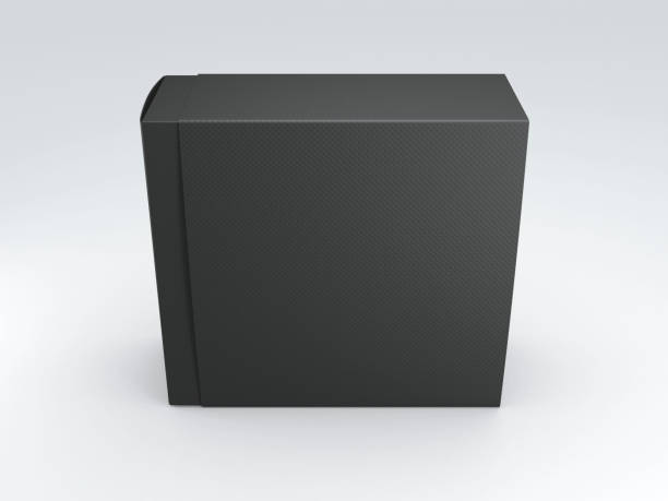 istock Black Box packaging with cover on grey background 864707396