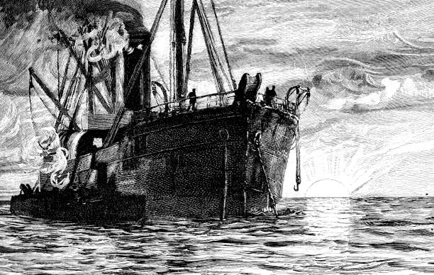 ilustrações de stock, clip art, desenhos animados e ícones de 19th century article illustration depicts two steam ships side by side one large and the other a tug with the sunrise in the background; victorian maritime; scattered seed 1892 - etching sailing ship passenger ship sea