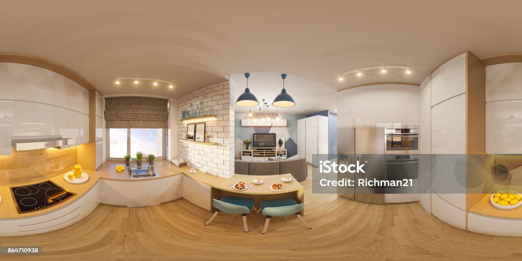 3D Darstellung sphärischer 360 Grad, nahtlosen Panorama Wohnzimmer Interior Design. Modernes Studio Apartment im minimalistischen skandinavischen Stil - Lizenzfrei 360-Grad-Panorama Stock-Foto