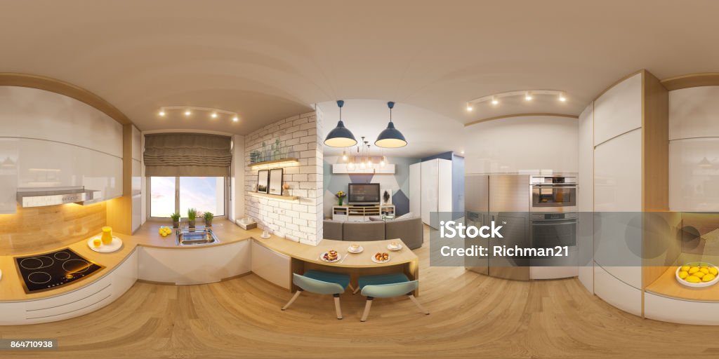 graus de ilustração esféricas 360 3D, panorama perfeita de design de interiores de sala de estar. Apartamento estúdio moderno no estilo minimalista escandinavo - Foto de stock de Vista de 360° graus royalty-free