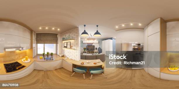 Foto de Graus De Ilustração Esféricas 360 3d Panorama Perfeita De Design De Interiores De Sala De Estar Apartamento Estúdio Moderno No Estilo Minimalista Escandinavo e mais fotos de stock de Vista de 360° graus