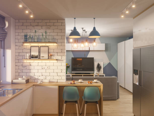 istock 3d illustration living room and kitchen interior design. Modern studio apartment in the Scandinavian minimalist style 864713236
