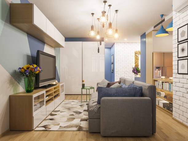 3d illustration living room and kitchen interior design. Modern studio apartment in the Scandinavian minimalist style stock photo