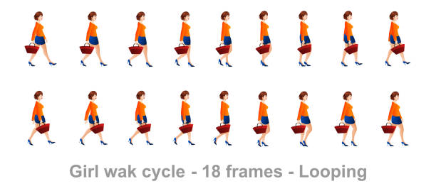 ilustrações de stock, clip art, desenhos animados e ícones de shopping girl walk cycle - walk cycle