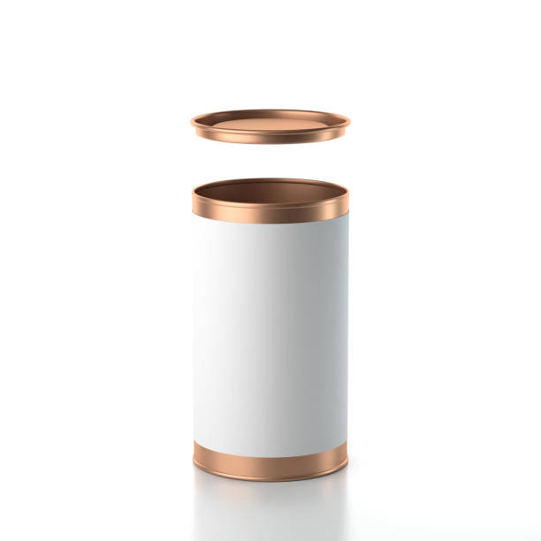 istock Metal Can with white paper label and opened lid. Cylindrical Packaging for tea, coffee 864713334