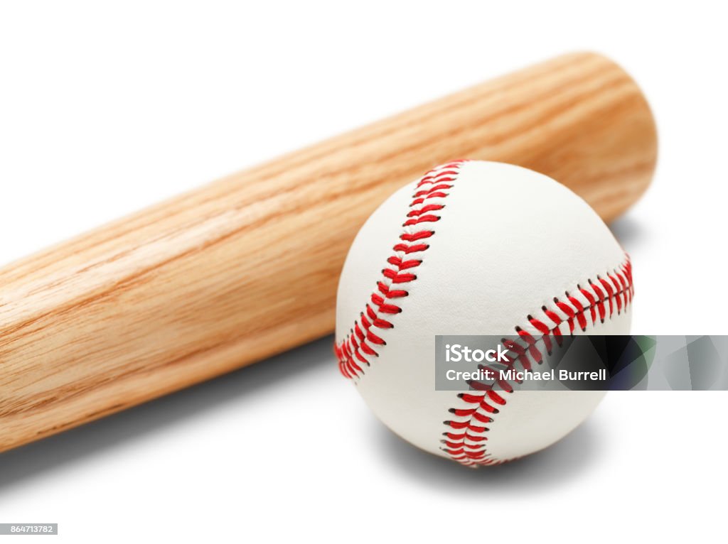 Baseball and Bat Wood Baseball Bat and Ball Isolated on White Background. Baseball - Ball Stock Photo