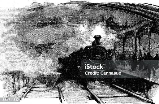 istock 19th century article illustration depicts a train pulling into a railway station; Victorian steam train transportation ; Scattered Seed 1892 864714312