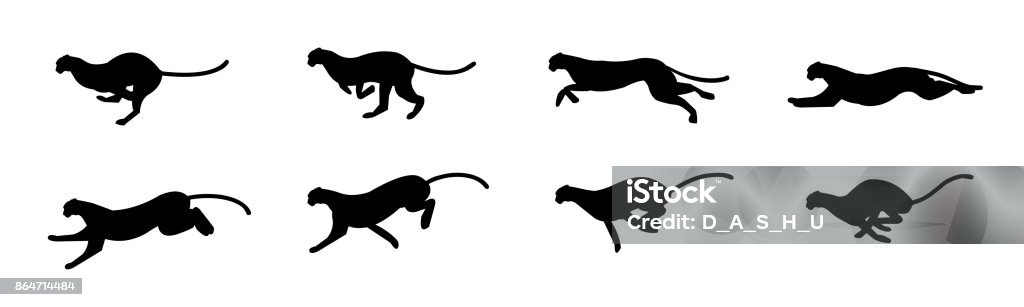 Cheetah run cycle Eight posses of Cheetah run cycle, run sequence. silhouette. animation. spite sheet, sprite animation, sprites. Cheetah stock vector