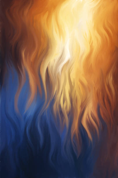 Painting of blue, red and yellow flames or waves