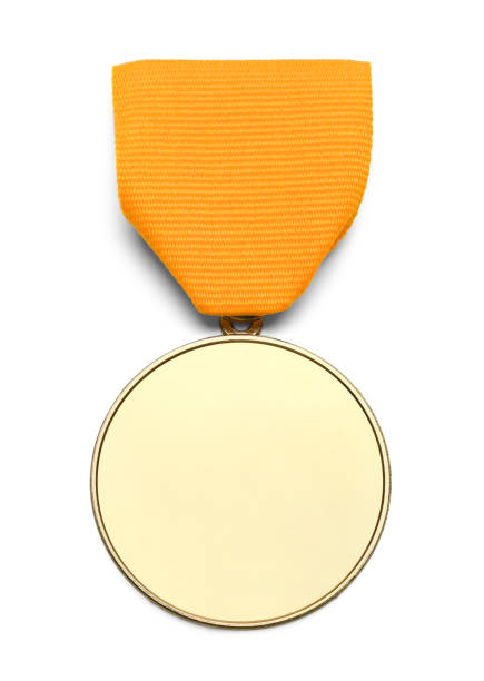 medalla de oro en blanco de la cinta - ribbon award perfection winning fotografías e imágenes de stock