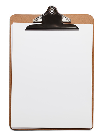 Classic brown clipboard with blank white paper on isolated background.