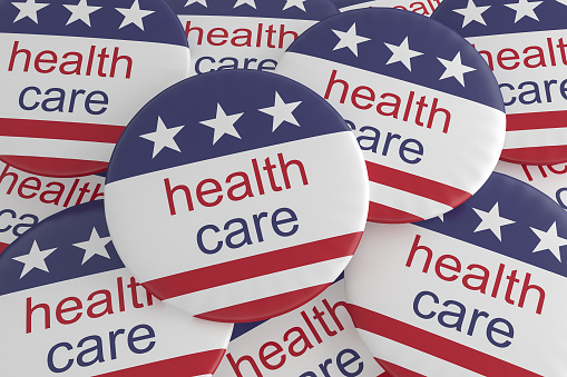 USA Politics News Badge: Pile of Health Care Buttons With US Flag, 3d illustration