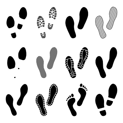 Footsteps. Footprints. Shoe and bare foot print. Shoes imprints set. Vector illustration