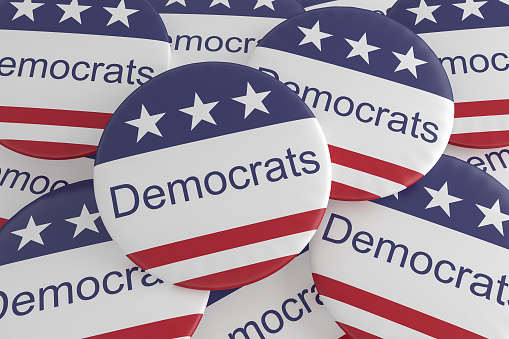 USA Politics News Badge: Pile of Democrats Buttons With US Flag, 3d illustration
