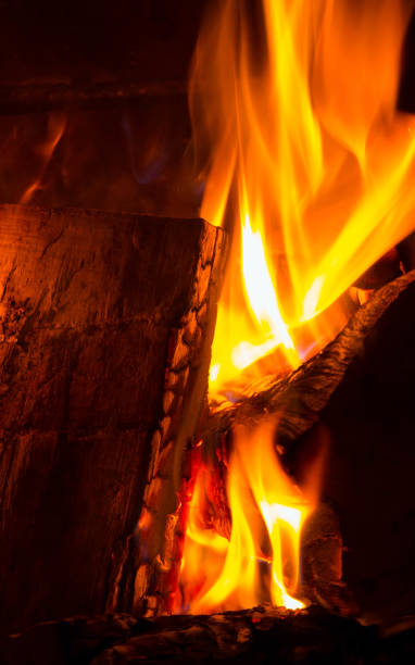 istock Bright colorful flame, burning wood at the fireplace. 864732808